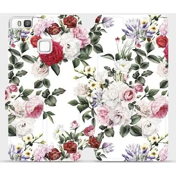 Pouzdro na mobilní telefon Flipové pouzdro Mobiwear - Huawei P9 Lite - MD01S Růže na bílé (Knížkové flip pouzdro, obal, kryt na mobil Huawei P9 Lite - MD01S Růže na bílé, materiál Umělá kůže + TPU - ochrana 360°, stojánek, silikonová vanička, magnetické zavírání)