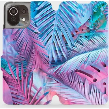 Pouzdro na mobilní telefon Flipové pouzdro Mobiwear - Xiaomi 11 Lite 5G NE - MG10S Fialové a modré listy (Knížkové flip pouzdro, obal, kryt na mobil Xiaomi 11 Lite 5G NE - MG10S Fialové a modré listy, materiál Umělá kůže + TPU - ochrana 360°, stojánek, silikonová vanička, magnetick