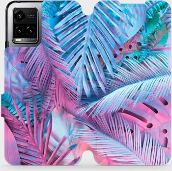 Pouzdro na mobilní telefon Flipové pouzdro Mobiwear - Vivo Y21s - MG10S Fialové a modré listy (Knížkové flip pouzdro, obal, kryt na mobil Vivo Y21s - MG10S Fialové a modré listy, materiál Umělá kůže + TPU - ochrana 360°, stojánek, silikonová vanička, magnetické zavírání)