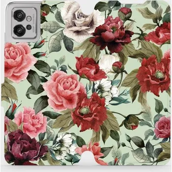 Pouzdro na mobilní telefon Flipové pouzdro Mobiwear - Motorola Moto G32 - MD06P Růže a květy na světle zelené (Knížkové flip pouzdro, obal, kryt na mobil Motorola Moto G32 - MD06P Růže a květy na světle zelené, materiál Umělá kůže + TPU - ochrana 360°, stojánek, silikonová vanička,