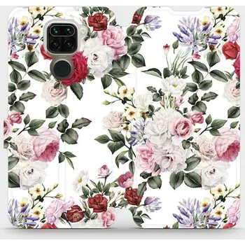Pouzdro na mobilní telefon Flipové pouzdro Mobiwear - Xiaomi Redmi Note 9 - MD01S Růže na bílé (Knížkové flip pouzdro, obal, kryt na mobil Xiaomi Redmi Note 9 - MD01S Růže na bílé, materiál Umělá kůže + TPU - ochrana 360°, stojánek, silikonová vanička, magnetické zavírání)