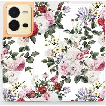 Pouzdro na mobilní telefon Flipové pouzdro Mobiwear - Vivo X80 Lite 5G - MD01S Růže na bílé (Knížkové flip pouzdro, obal, kryt na mobil Vivo X80 Lite 5G - MD01S Růže na bílé, materiál Umělá kůže + TPU - ochrana 360°, stojánek, silikonová vanička, magnetické zavírání)