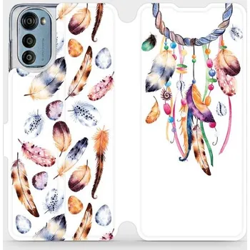 Pouzdro na mobilní telefon Flipové pouzdro Mobiwear - Motorola Moto E32s - M003S Lapač a barevná pírka (Knížkové flip pouzdro, obal, kryt na mobil Motorola Moto E32s - M003S Lapač a barevná pírka, materiál Umělá kůže + TPU - ochrana 360°, stojánek, silikonová vanička, magnetické)