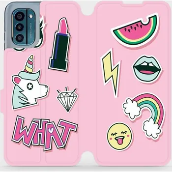 Pouzdro na mobilní telefon Flipové pouzdro Mobiwear - Nokia G21 / Nokia G11 - M129S Růžové WHAT (Knížkové flip pouzdro, obal, kryt na mobil Nokia G21 / Nokia G11 - M129S Růžové WHAT, materiál Umělá kůže + TPU - ochrana 360°, stojánek, silikonová vanička, magnetické zavírání)