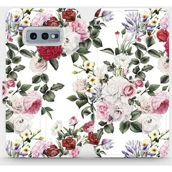 Pouzdro na mobilní telefon Flipové pouzdro Mobiwear - Samsung Galaxy S10e - MD01S Růže na bílé (Knížkové flip pouzdro, obal, kryt na mobil Samsung Galaxy S10e - MD01S Růže na bílé, materiál Umělá kůže + TPU - ochrana 360°, stojánek, silikonová vanička, magnetické zavírání)