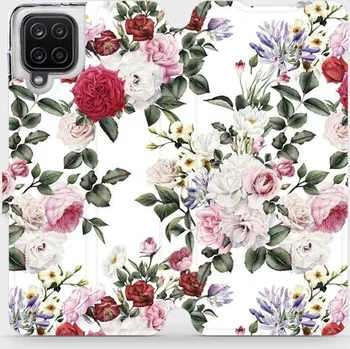 Pouzdro na mobilní telefon Flipové pouzdro Mobiwear - Samsung Galaxy A12 - MD01S Růže na bílé (Knížkové flip pouzdro, obal, kryt na mobil Samsung Galaxy A12 - MD01S Růže na bílé, materiál Umělá kůže + TPU - ochrana 360°, stojánek, silikonová vanička, magnetické zavírání)