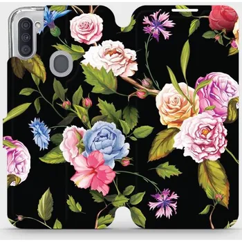 Pouzdro na mobilní telefon Flipové pouzdro Mobiwear - Samsung Galaxy M11 - VD07S Růže a květy na černém pozadí (Knížkové flip pouzdro, obal, kryt na mobil Samsung Galaxy M11 - VD07S Růže a květy na černém pozadí, materiál Umělá kůže + TPU - ochrana 360°, stojánek, silikonová vaničk