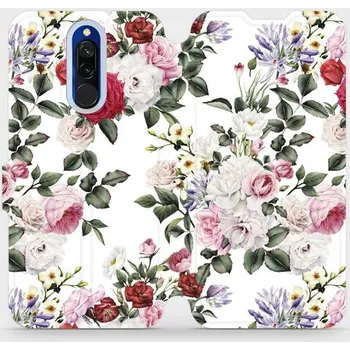 Pouzdro na mobilní telefon Flipové pouzdro Mobiwear - Xiaomi Redmi 8 - MD01S Růže na bílé (Knížkové flip pouzdro, obal, kryt na mobil Xiaomi Redmi 8 - MD01S Růže na bílé, materiál Umělá kůže + TPU - ochrana 360°, stojánek, silikonová vanička, magnetické zavírání)