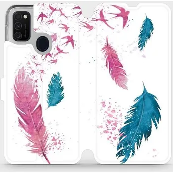 Pouzdro na mobilní telefon Flipové pouzdro Mobiwear - Samsung Galaxy M21 - MR08S Pírka (Knížkové flip pouzdro, obal, kryt na mobil Samsung Galaxy M21 - MR08S Pírka, materiál Umělá kůže + TPU - ochrana 360°, stojánek, silikonová vanička, magnetické zavírání)