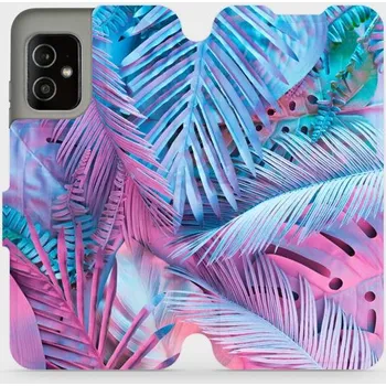 Pouzdro na mobilní telefon Flipové pouzdro Mobiwear - Asus Zenfone 8 - MG10S Fialové a modré listy (Knížkové flip pouzdro, obal, kryt na mobil Asus Zenfone 8 - MG10S Fialové a modré listy, materiál Umělá kůže + TPU - ochrana 360°, stojánek, silikonová vanička, magnetické zavírání)