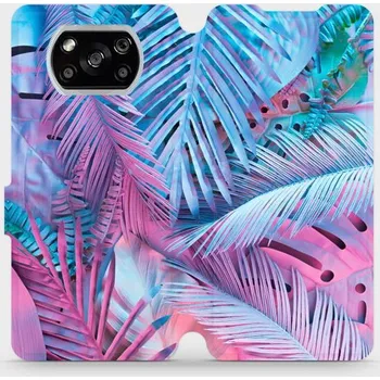 Pouzdro na mobilní telefon Flipové pouzdro Mobiwear - Xiaomi POCO X3 NFC - MG10S Fialové a modré listy (Knížkové flip pouzdro, obal, kryt na mobil Xiaomi POCO X3 NFC - MG10S Fialové a modré listy, materiál Umělá kůže + TPU - ochrana 360°, stojánek, silikonová vanička, magnetické)