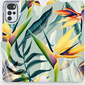 Pouzdro na mobilní telefon Flipové pouzdro Mobiwear - Motorola Moto G22 - MC02S Žluté velké květy a zelené listy (Knížkové flip pouzdro, obal, kryt na mobil Motorola Moto G22 - MC02S Žluté velké květy a zelené listy, materiál Umělá kůže + TPU - ochrana 360°, stojánek, silikonová)