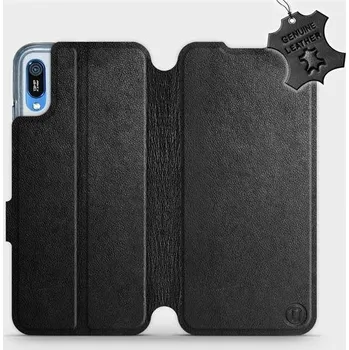 Pouzdro na mobilní telefon Kožené flip pouzdro Mobiwear - Huawei Y6 2019 - Černé (Kožené knížkové pouzdro, obal, kryt na mobil Huawei Y6 2019, Černé, materiál Genuine Leather, ochrana 360°, stojánek, silikonová vanička, magnetické zavírání)
