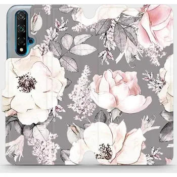 Pouzdro na mobilní telefon Flipové pouzdro Mobiwear - Huawei Nova 5T - MX06S Květy na šedém pozadí (Knížkové flip pouzdro, obal, kryt na mobil Huawei Nova 5T - MX06S Květy na šedém pozadí, materiál Umělá kůže + TPU - ochrana 360°, stojánek, silikonová vanička, magnetické zavírání)