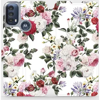 Pouzdro na mobilní telefon Flipové pouzdro Mobiwear - Motorola Moto E40 - MD01S Růže na bílé (Knížkové flip pouzdro, obal, kryt na mobil Motorola Moto E40 - MD01S Růže na bílé, materiál Umělá kůže + TPU - ochrana 360°, stojánek, silikonová vanička, magnetické zavírání)