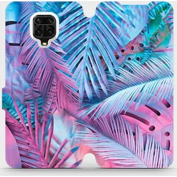 Pouzdro na mobilní telefon Flipové pouzdro Mobiwear - Xiaomi Redmi Note 9 Pro - MG10S Fialové a modré listy (Knížkové flip pouzdro, obal, kryt na mobil Xiaomi Redmi Note 9 Pro - MG10S Fialové a modré listy, materiál Umělá kůže + TPU - ochrana 360°, stojánek, silikonová vanička,)