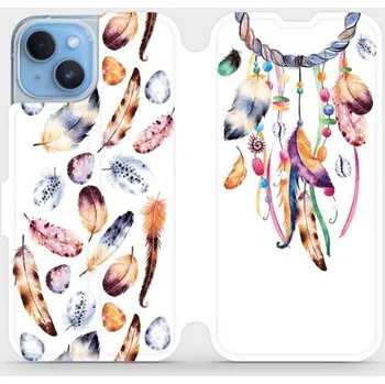 Pouzdro na mobilní telefon Flipové pouzdro Mobiwear - Apple iPhone 14 - M003S Lapač a barevná pírka (Knížkové flip pouzdro, obal, kryt na mobil Apple iPhone 14 - M003S Lapač a barevná pírka, materiál Umělá kůže + TPU - ochrana 360°, stojánek, silikonová vanička, magnetické zavírání