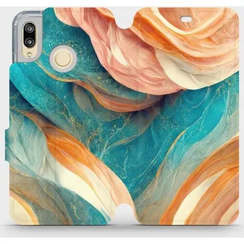 Pouzdro na mobilní telefon Flipové pouzdro Mobiwear - Huawei P20 Lite - VP36S Azurový a oranžový mramor (Knížkové flip pouzdro, obal, kryt na mobil Huawei P20 Lite - VP36S Azurový a oranžový mramor, materiál Umělá kůže + TPU - ochrana 360°, stojánek, silikonová vanička, magnetické)