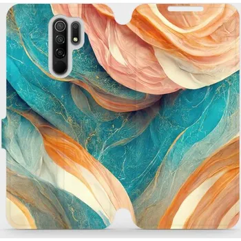 Pouzdro na mobilní telefon Flipové pouzdro Mobiwear - Xiaomi Redmi 9 - VP36S Azurový a oranžový mramor (Knížkové flip pouzdro, obal, kryt na mobil Xiaomi Redmi 9 - VP36S Azurový a oranžový mramor, materiál Umělá kůže + TPU - ochrana 360°, stojánek, silikonová vanička, magnetické)