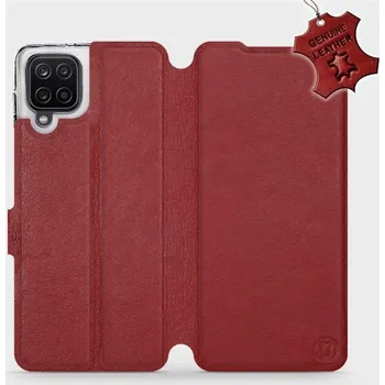 Kožené flip pouzdro Mobiwear - Samsung Galaxy A12 - Tmavě červené (Kožené knížkové pouzdro, obal, kryt na mobil Samsung Galaxy A12, Tmavě červené, materiál Genuine Leather, ochrana 360°, stojánek, silikonová vanička, magnetické zavírání)