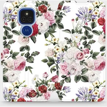Pouzdro na mobilní telefon Flipové pouzdro Mobiwear - Motorola Moto E7 Plus - MD01S Růže na bílé (Knížkové flip pouzdro, obal, kryt na mobil Motorola Moto E7 Plus - MD01S Růže na bílé, materiál Umělá kůže + TPU - ochrana 360°, stojánek, silikonová vanička, magnetické zavírání)