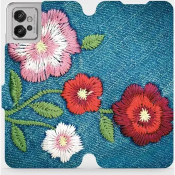 Pouzdro na mobilní telefon Flipové pouzdro Mobiwear - Motorola Moto G32 - MD05P Džínové květy (Knížkové flip pouzdro, obal, kryt na mobil Motorola Moto G32 - MD05P Džínové květy, materiál Umělá kůže + TPU - ochrana 360°, stojánek, silikonová vanička, magnetické zavírání)