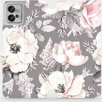 Pouzdro na mobilní telefon Flipové pouzdro Mobiwear - Motorola Moto G32 - MX06S Květy na šedém pozadí (Knížkové flip pouzdro, obal, kryt na mobil Motorola Moto G32 - MX06S Květy na šedém pozadí, materiál Umělá kůže + TPU - ochrana 360°, stojánek, silikonová vanička, magnetické)