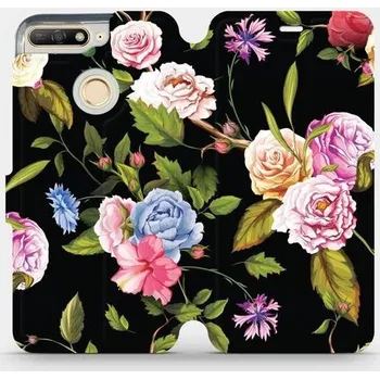 Pouzdro na mobilní telefon Flipové pouzdro Mobiwear - Honor 7A - VD07S Růže a květy na černém pozadí (Knížkové flip pouzdro, obal, kryt na mobil Honor 7A - VD07S Růže a květy na černém pozadí, materiál Umělá kůže + TPU - ochrana 360°, stojánek, silikonová vanička, magnetické zavírá