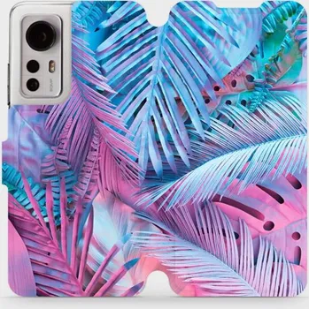 Pouzdro na mobilní telefon Flipové pouzdro Mobiwear - Xiaomi 12 / Xiaomi 12X - MG10S Fialové a modré listy (Knížkové flip pouzdro, obal, kryt na mobil Xiaomi 12 / Xiaomi 12X - MG10S Fialové a modré listy, materiál Umělá kůže + TPU - ochrana 360°, stojánek, silikonová vanička,)