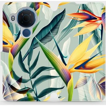 Pouzdro na mobilní telefon Flipové pouzdro Mobiwear - Nokia 5.4 - MC02S Žluté velké květy a zelené listy (Knížkové flip pouzdro, obal, kryt na mobil Nokia 5.4 - MC02S Žluté velké květy a zelené listy, materiál Umělá kůže + TPU - ochrana 360°, stojánek, silikonová vanička, magnetick