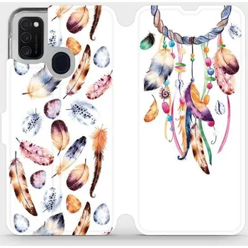 Pouzdro na mobilní telefon Flipové pouzdro Mobiwear - Samsung Galaxy M21 - M003S Lapač a barevná pírka (Knížkové flip pouzdro, obal, kryt na mobil Samsung Galaxy M21 - M003S Lapač a barevná pírka, materiál Umělá kůže + TPU - ochrana 360°, stojánek, silikonová vanička, magnetické)