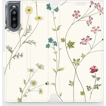 Pouzdro na mobilní telefon Flipové pouzdro Mobiwear - Sony Xperia 10 IV - MD03S Tenké rostlinky s květy (Knížkové flip pouzdro, obal, kryt na mobil Sony Xperia 10 IV - MD03S Tenké rostlinky s květy, materiál Umělá kůže + TPU - ochrana 360°, stojánek, silikonová vanička, magnetické)