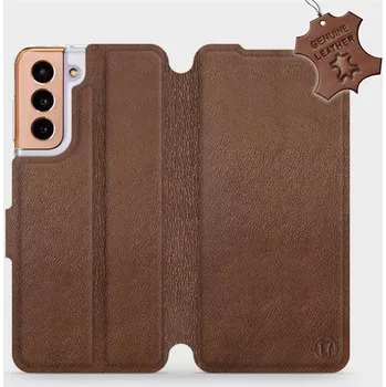 Pouzdro na mobilní telefon Kožené flip pouzdro Mobiwear - Samsung Galaxy S21 5G - Hnědé (Kožené knížkové pouzdro, obal, kryt na mobil Samsung Galaxy S21 5G, Hnědé, materiál Genuine Leather, ochrana 360°, stojánek, silikonová vanička, magnetické zavírání)
