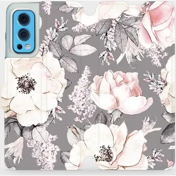 Pouzdro na mobilní telefon Flipové pouzdro Mobiwear - OnePlus Nord 2 5G - MX06S Květy na šedém pozadí (Knížkové flip pouzdro, obal, kryt na mobil OnePlus Nord 2 5G - MX06S Květy na šedém pozadí, materiál Umělá kůže + TPU - ochrana 360°, stojánek, silikonová vanička, magnetické)