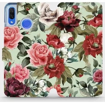 Pouzdro na mobilní telefon Flipové pouzdro Mobiwear - Huawei Nova 3 - MD06P Růže a květy na světle zeleném pozadí (Knížkové flip pouzdro, obal, kryt na mobil Huawei Nova 3 - MD06P Růže a květy na světle zeleném pozadí, materiál Umělá kůže + TPU - ochrana 360°, stojánek, silikonová)