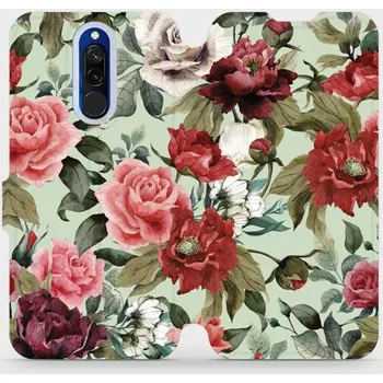 Pouzdro na mobilní telefon Flipové pouzdro Mobiwear - Xiaomi Redmi 8 - MD06P Růže a květy na světle zeleném pozadí (Knížkové flip pouzdro, obal, kryt na mobil Xiaomi Redmi 8 - MD06P Růže a květy na světle zeleném pozadí, materiál Umělá kůže + TPU - ochrana 360°, stojánek, silikonov