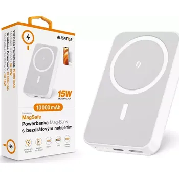 Powerbanka Aligator MagSafe Powerbanka Mag-Bank s bezdrátovým nabíjením, 10 000 mAh, bílá