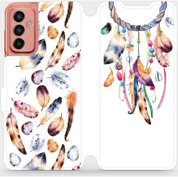 Pouzdro na mobilní telefon Flipové pouzdro Mobiwear - Samsung Galaxy M13 - M003S Lapač a barevná pírka (Knížkové flip pouzdro, obal, kryt na mobil Samsung Galaxy M13 - M003S Lapač a barevná pírka, materiál Umělá kůže + TPU - ochrana 360°, stojánek, silikonová vanička, magnetické)