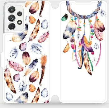 Pouzdro na mobilní telefon Flipové pouzdro Mobiwear - Samsung Galaxy A72 - M003S Lapač a barevná pírka (Knížkové flip pouzdro, obal, kryt na mobil Samsung Galaxy A72 - M003S Lapač a barevná pírka, materiál Umělá kůže + TPU - ochrana 360°, stojánek, silikonová vanička, magnetické)