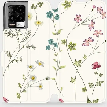 Pouzdro na mobilní telefon Flipové pouzdro Mobiwear - Realme 8 - MD03S Tenké rostlinky s květy (Knížkové flip pouzdro, obal, kryt na mobil Realme 8 - MD03S Tenké rostlinky s květy, materiál Umělá kůže + TPU - ochrana 360°, stojánek, silikonová vanička, magnetické zavírání)