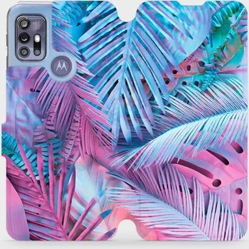 Pouzdro na mobilní telefon Flipové pouzdro Mobiwear - Motorola Moto G30 - MG10S Fialové a modré listy (Knížkové flip pouzdro, obal, kryt na mobil Motorola Moto G30 - MG10S Fialové a modré listy, materiál Umělá kůže + TPU - ochrana 360°, stojánek, silikonová vanička, magnetické)