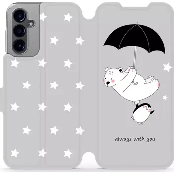 Pouzdro na mobilní telefon Flipové pouzdro Mobiwear - Samsung Galaxy A14 LTE / 5G - MH08P Méďa a tučňák - always with you (Knížkové flip pouzdro, obal, kryt na mobil Samsung Galaxy A14 LTE / 5G - MH08P Méďa a tučňák - always with you, materiál Umělá kůže + TPU - ochrana 360°,)