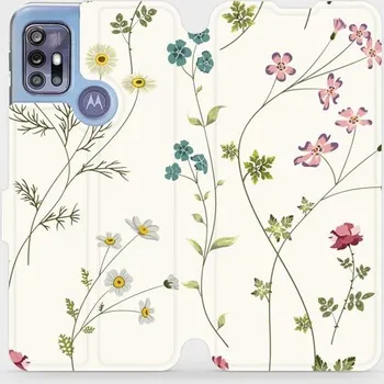 Pouzdro na mobilní telefon Flipové pouzdro Mobiwear - Motorola Moto G30 - MD03S Tenké rostlinky s květy (Knížkové flip pouzdro, obal, kryt na mobil Motorola Moto G30 - MD03S Tenké rostlinky s květy, materiál Umělá kůže + TPU - ochrana 360°, stojánek, silikonová vanička, magnetické)