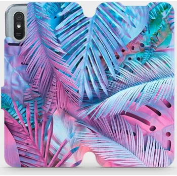 Pouzdro na mobilní telefon Flipové pouzdro Mobiwear - Xiaomi Redmi 9A / 9AT - MG10S Fialové a modré listy (Knížkové flip pouzdro, obal, kryt na mobil Xiaomi Redmi 9A / 9AT - MG10S Fialové a modré listy, materiál Umělá kůže + TPU - ochrana 360°, stojánek, silikonová vanička,)