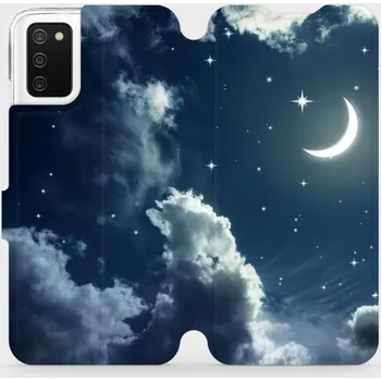 Pouzdro na mobilní telefon Flipové pouzdro Mobiwear - Samsung Galaxy A02s - V145P Noční obloha s měsícem (Knížkové flip pouzdro, obal, kryt na mobil Samsung Galaxy A02s - V145P Noční obloha s měsícem, materiál Umělá kůže + TPU - ochrana 360°, stojánek, silikonová vanička, magnetick