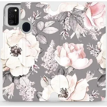 Pouzdro na mobilní telefon Flipové pouzdro Mobiwear - Samsung Galaxy M21 - MX06S Květy na šedém pozadí (Knížkové flip pouzdro, obal, kryt na mobil Samsung Galaxy M21 - MX06S Květy na šedém pozadí, materiál Umělá kůže + TPU - ochrana 360°, stojánek, silikonová vanička, magnetické)