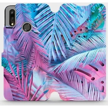 Pouzdro na mobilní telefon Flipové pouzdro Mobiwear - Huawei P Smart 2019 - MG10S Fialové a modré listy (Knížkové flip pouzdro, obal, kryt na mobil Huawei P Smart 2019 - MG10S Fialové a modré listy, materiál Umělá kůže + TPU - ochrana 360°, stojánek, silikonová vanička, magnetické)