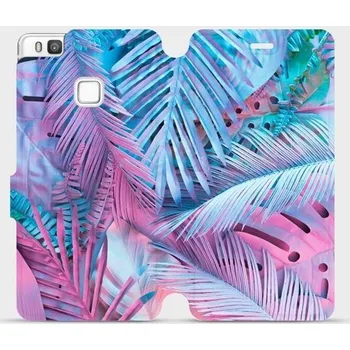 Pouzdro na mobilní telefon Flipové pouzdro Mobiwear - Huawei P9 Lite - MG10S Fialové a modré listy (Knížkové flip pouzdro, obal, kryt na mobil Huawei P9 Lite - MG10S Fialové a modré listy, materiál Umělá kůže + TPU - ochrana 360°, stojánek, silikonová vanička, magnetické zavírání)