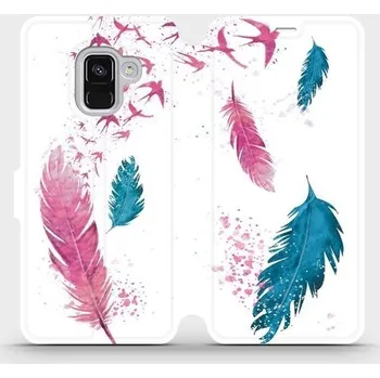 Pouzdro na mobilní telefon Flipové pouzdro Mobiwear - Samsung Galaxy A8 2018 - MR08S Pírka (Knížkové flip pouzdro, obal, kryt na mobil Samsung Galaxy A8 2018 - MR08S Pírka, materiál Umělá kůže + TPU - ochrana 360°, stojánek, silikonová vanička, magnetické zavírání)