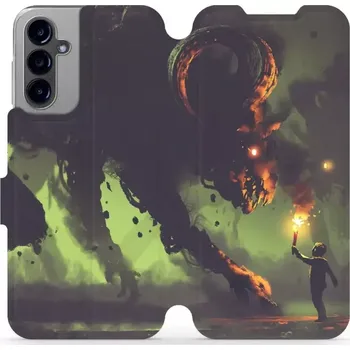 Pouzdro na mobilní telefon Flipové pouzdro Mobiwear - Samsung Galaxy A14 LTE / 5G - VA08P Příšera a kluk s pochodní (Knížkové flip pouzdro, obal, kryt na mobil Samsung Galaxy A14 LTE / 5G - VA08P Příšera a kluk s pochodní, materiál Umělá kůže + TPU - ochrana 360°, stojánek,)